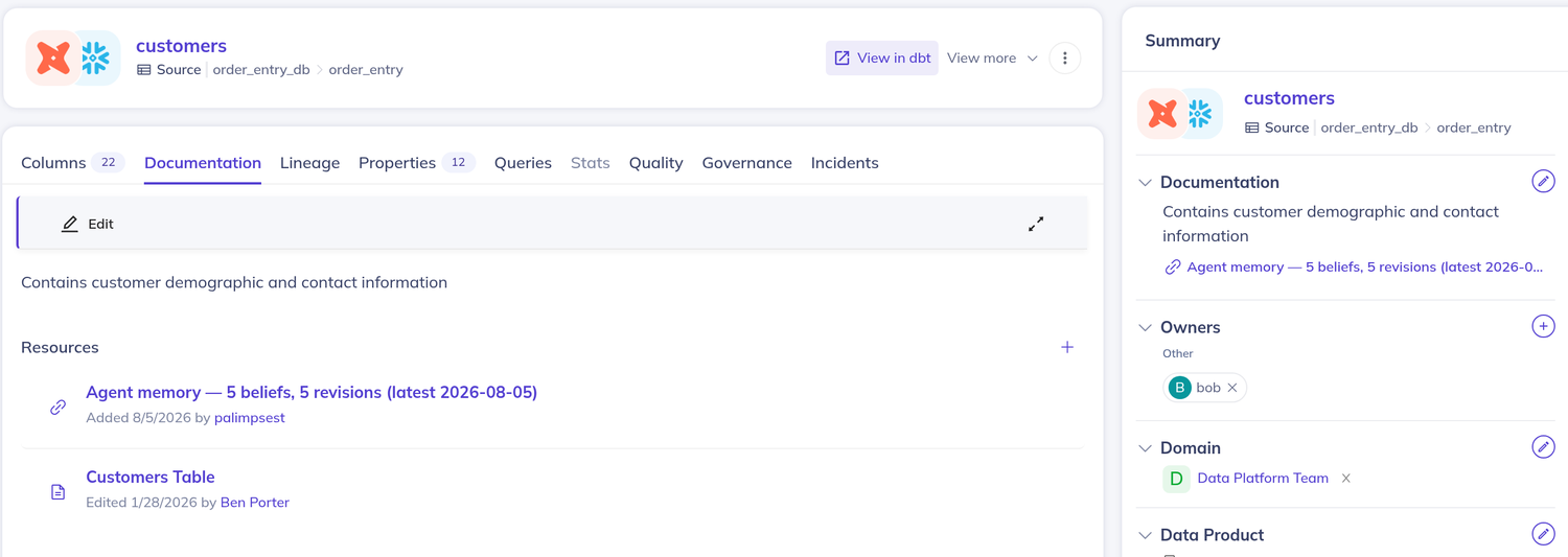 The customers dataset open in DataHub. Under Resources there are two links: “Agent memory — 5 beliefs, 5 revisions (latest 2026-08-05)”, added by palimpsest, and “Customers Table”, edited by Ben Porter in January. The summary panel shows the owner as bob.